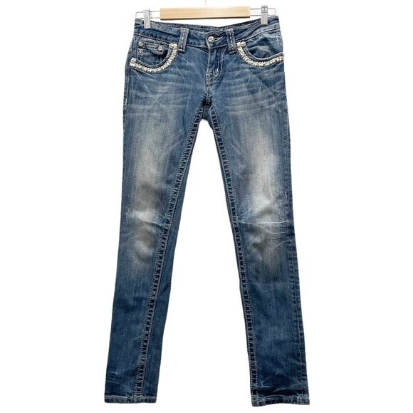 Miss Me Skinny Jeans Low Rise Back Flap Silver Studded Bling Y2K Denim Size 26 - Picture 2 of 14